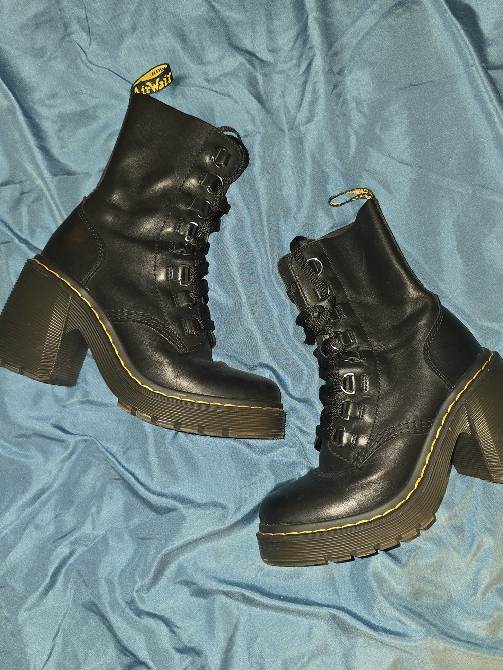 Dr. Martens Chesney Black Lace-Up Platform Heeled Boots with Yellow Stitching